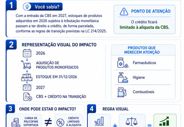 Infográfico sobre créditos de PIS e Cofins em estoques de produtos monofásicos e a transição para a CBS.