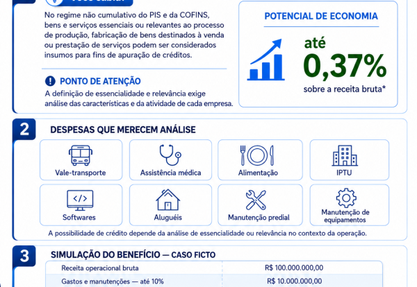 Créditos de PIS e Cofins sobre Insumos Infográfico sobre créditos de PIS e Cofins sobre insumos essenciais e relevantes.